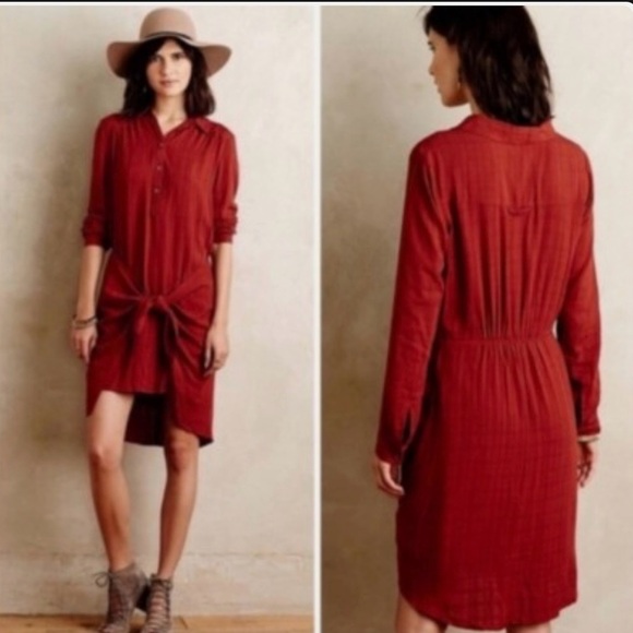 Maeve from Anthropologie Bloomsbury Tie Shirt Dress Women's 4 Rust Terra Cotta - Picture 2 of 10